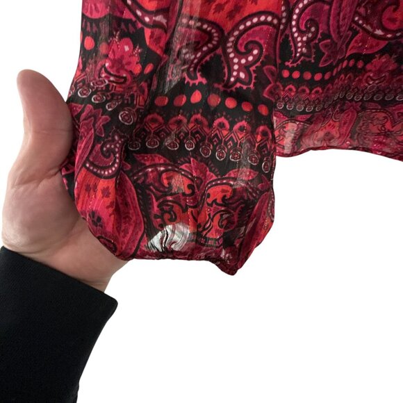 Maison d'Amélie Black Red Boho Paisley Blouse M Sheer Ruffle Neck Long Sleeve - Picture 6 of 7